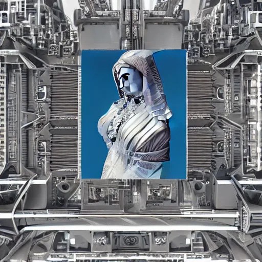 Image similar to sci-fi motherboard structure on the coronation of napoleon painting and digital billboard in the middle, unreal engine 5, keyshot, octane, artstation trending, ultra high detail, ultra realistic, cinematic, 8k, 16k, in style of zaha hadid, in style of nanospace Michael Menzelincev, in style of Lee SOUDER, colors in style of the Blade Runner 2049, in plastic, dark, tilt shift,