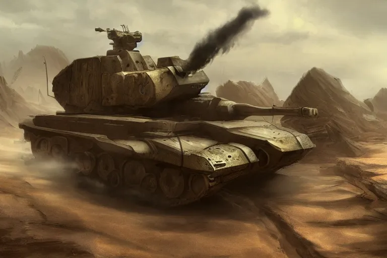 Image similar to a steam powered robot army tank, out in the rocky desert, fantasy, dark, steam punk , sand storm, artstation, concept art, smooth, sharp focus, illustration,