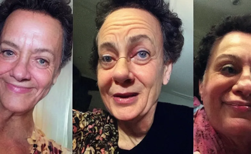 Image similar to my aunt look like Tom Hanks if he was a woman lol, close-up, uncomfortable, phone quality, camera flash on, viral photo, viral on instagram