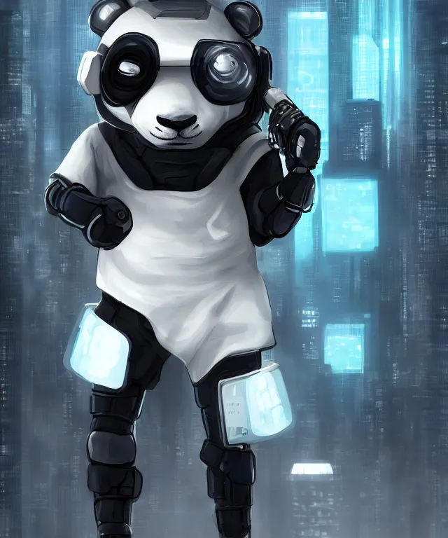 Image similar to futuristic cyberpunk android panda, duo tone, reflective skin, trending on Artstation,