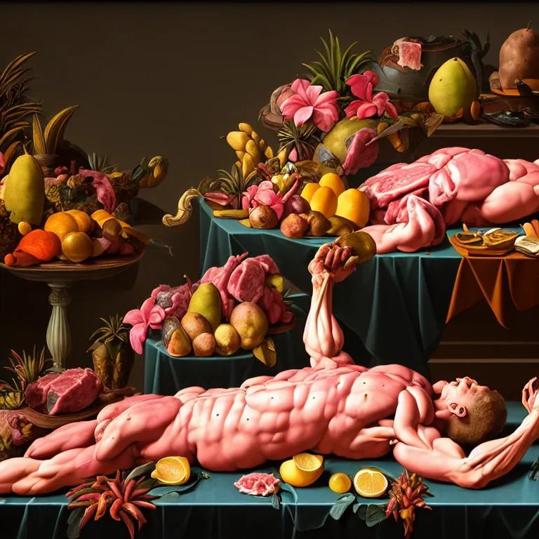 Image similar to still life of beautiful perfect muscled man body, surrounded by pastel tropical flowers, tropical fruit, human spine, rotten meat flesh with colorful mold, muscle tissue, spikes, baroque painting, beautiful detailed intricate insanely detailed octane render, 8K artistic photography, photorealistic, chiaroscuro, Raphael, Caravaggio