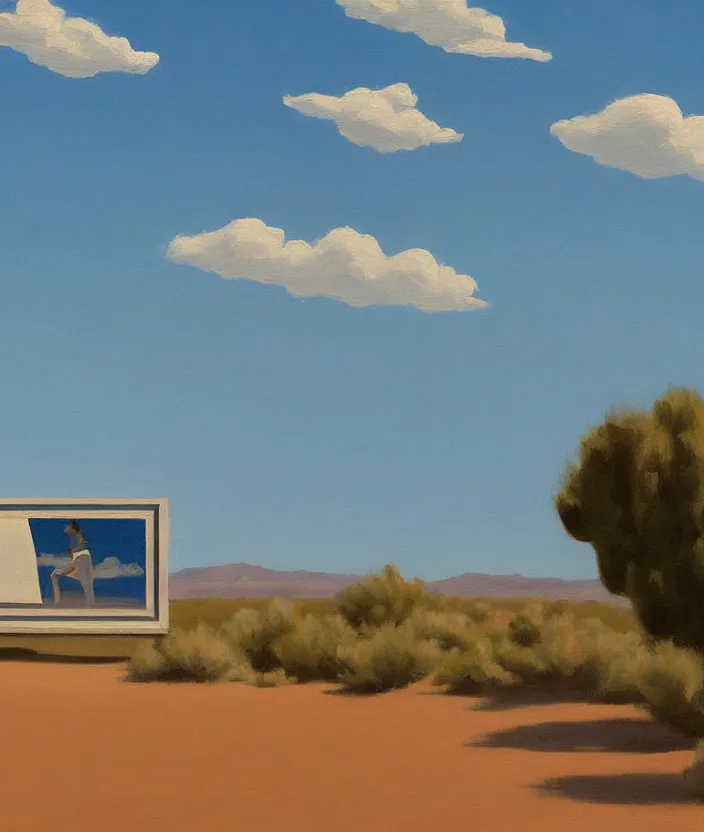 Image similar to a very detailed painting of a billboard in the empty desert, baby blue sky with very aesthetic stylized clouds, in the style of edward hopper, very small brushstrokes, 4 k,