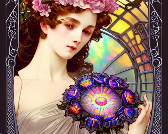 Image similar to overlord, rococo and art nouveau fusion, iridescent diaphanous refractive and reflective flower bouquet, tarot card, highly detailed, deep focus, elegant, digital painting, smooth, sharp focus, illustration, ultra realistic, 8 k, art by artgerm and alphonse mucha