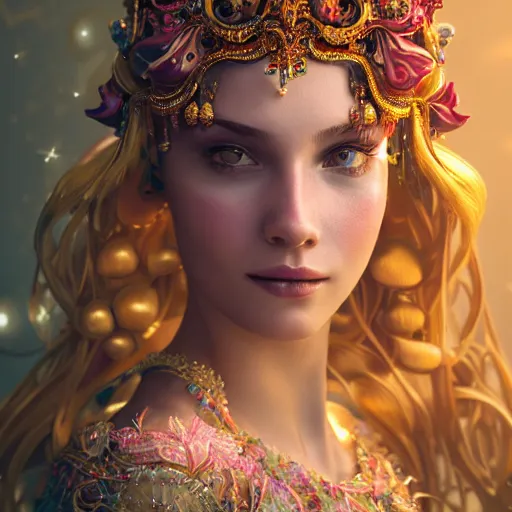 Image similar to portrait of princess, beautiful, attractive, glowing, ornate and intricate, jaw dropping, dynamic lighting, colorful, fairy tale, intricate and detailed, 4 k octane render