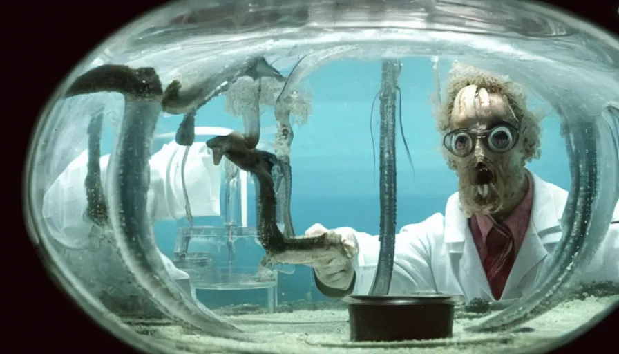 Prompt: Big budget horror movie set in an undersea biolab, a scientist with a squid in a beaker examines that squid under the microscope