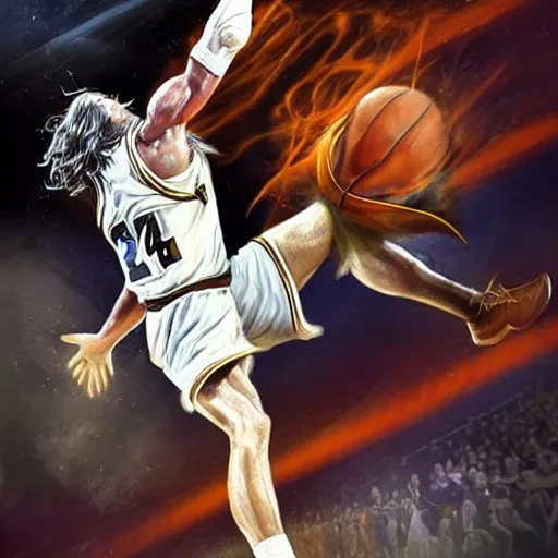 Prompt: gandalf posterizing an orc in the paint with an overpowering dunk, explosive energy, magical, camera flash