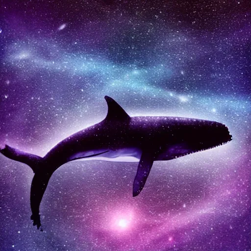 Prompt: portrait of whale swimming on a dark night sky, swimming across the universe, nebulae, purple and blue, galaxies, oniric, dreamy, beautiful, highly detailed, cinematic, trending on artstation