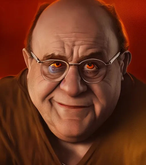 Image similar to An epic fantasy comic book style portrait painting of Danny DeVito, fisheye lens, unreal 5, DAZ, hyperrealistic, octane render, cosplay, RPG portrait, dynamic lighting