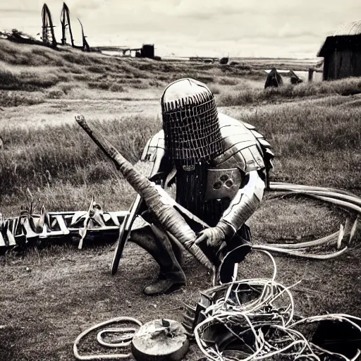 Image similar to wise angle photo of viking in armor working on the mechanical ancient device, tools and junk on the ground,wires and lights, old village in the distance, vintage old photo, black and white, sepia