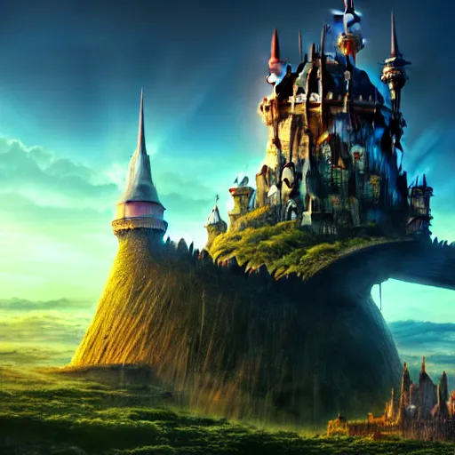 Prompt: large fantasy castle sitting on the top of a giant tortoise, towering over a harsh wasteland with sharp rays of sunlight, howls moving castle, mortal engines, kaiju, distant - mid - shot, fantasy, hyper detailed, 4 k