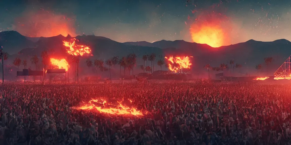 Prompt: realistic cinematic views of a Orwellian Coachella with fires in the background and dead animals falling from the sky in front of the main stage, hyper detailed, hyper realistic, digital painting, 8k, 35mm film grain, octane render