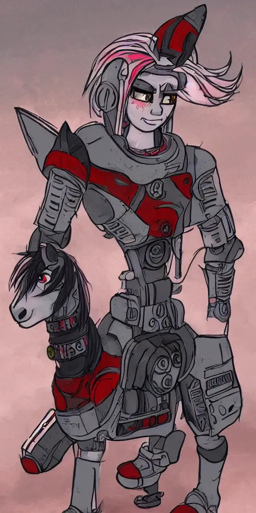 Image similar to Fallout Equestria Project Horizons | Blackjack Character Fanart | White MLP Unicorn Mare with red and black shaggy hair, and bright, robotic eyes. | Cutie Mark is: Ace and Queen of Spades | Trending on ArtStation, Digital Art, MLP Fanart, Fallout Fanart | Blackjack sitting and looking depressed at the viewer