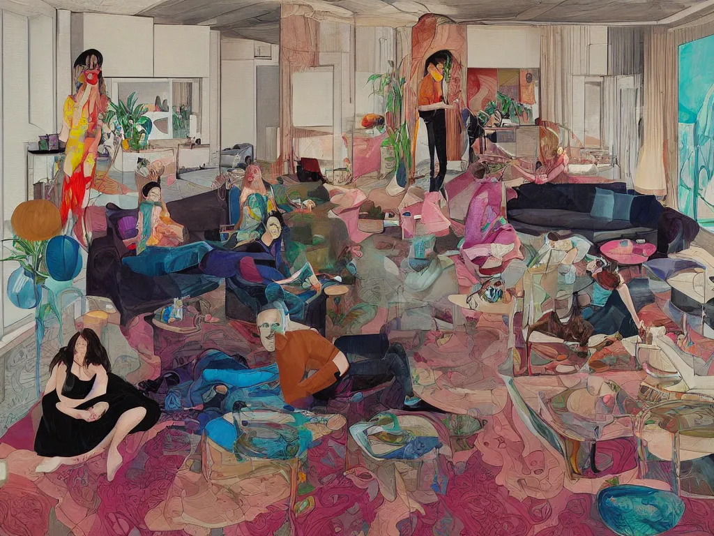 Image similar to Man and woman start to bounce in a living room of a house, floating dark energy surrounds the middle of the room. There is one living room plant to the side of the room, and another woman with siren body sitting on the sofa, expressionist painting by martine johanna and moebius