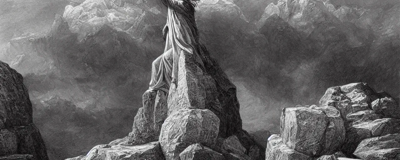 Image similar to medium shot of moses on top of a mountain holding up in the air the ten commandments stone tablets, photorealistic, highly detailed, texture, soft light, dramatic, moody, ambient, painting by gustave dore