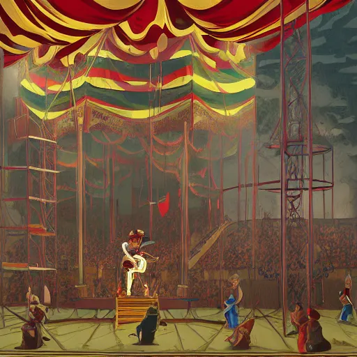 Prompt: a painting of a circus in the gilded age, illustration, painted by cristopher rush, josan gonzalez