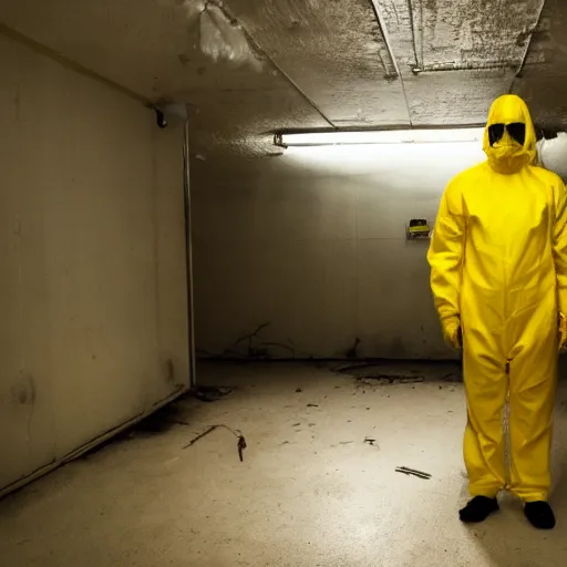 Image similar to a man wearing a yellow hazmat suit inside the very dark lighting empty unsettling creepy backrooms, liminal space, eerie mood, horror movie scene