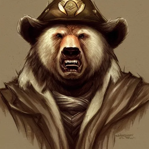 Image similar to dashing charming grinning charismatic bear beast-man rogue, wearing captain's tricorne hat, naval background, amazing, lifelike award winning pencil illustration trending on art station artgerm Greg rutkowski cinematic