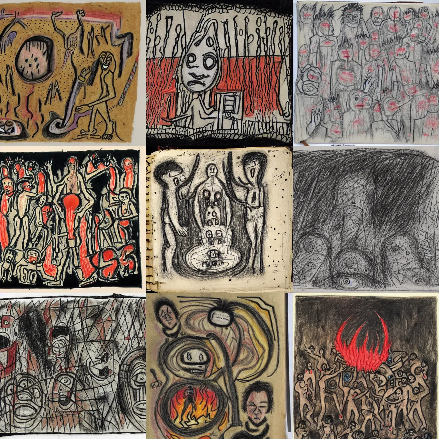 Prompt: an art brut drawing of the artist's conception of hell, found scribbled in a notebook