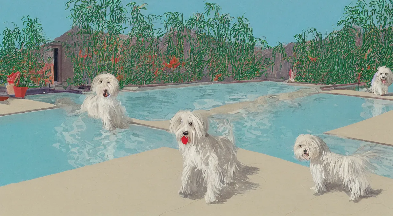 Image similar to a cream colored havanese dog at the swimming pool at a mid century modern house in palm springs by david hockney