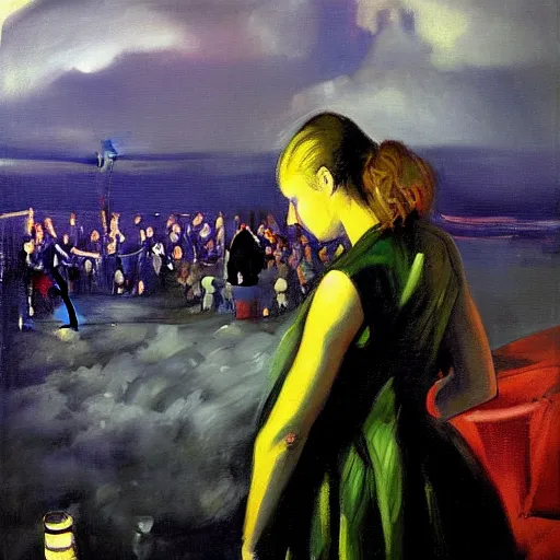 Prompt: “ a girl holding a lit cigarette looking down at a futuristic new york city below, ghostpunk, detailed face, oil painting, stormy sky, by george bellows ”