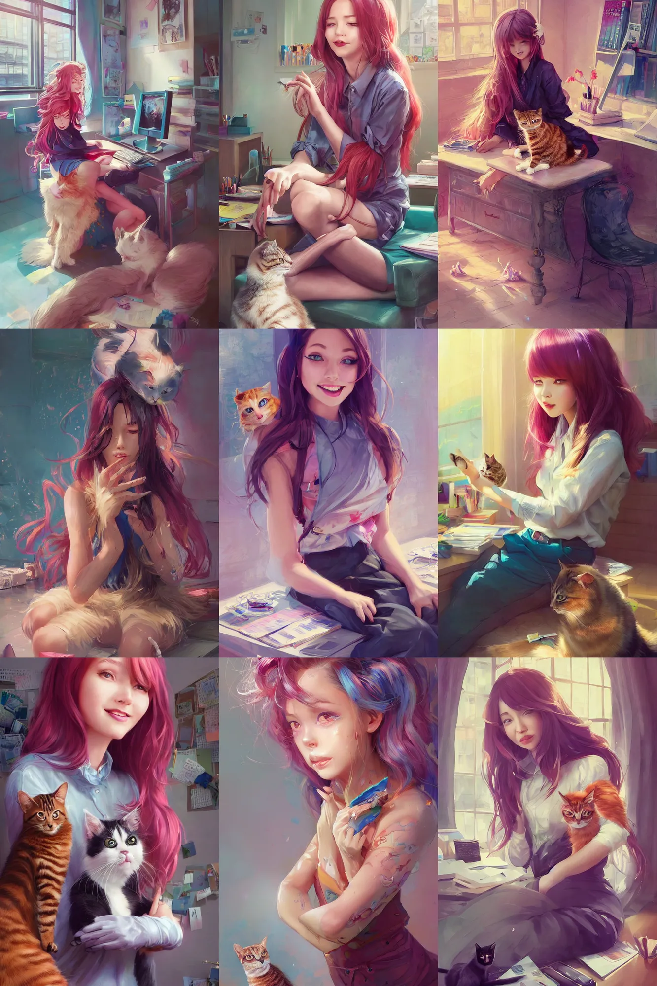 Prompt: a beautiful insane girl sitting in her office petting a cat | | cute - fine - subtle smile, colorful hair, face, pretty face, fine details by stanley artgerm lau, wlop, rossdraws, james jean, andrei riabovitchev, marc simonetti, and sakimichan, trending on artstation