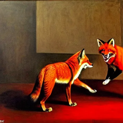 Prompt: only with red, in a red dream world, a crimson tiger tries to close an important deal with a red fox, in the style of beskinsky, part by hopper, part by rodcenko, part by hofbauer, intricate composition and red by caravaggio, insanely quality, masterpiece, oil on canvas, award winning, dramatic,