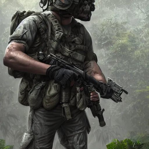 Prompt: Wounded Mercenary Special Forces soldier in light grey uniform with black armored vest and helmet crawling to cover in the jungles of Tanoa, combat photography by Feng Zhu, highly detailed, excellent composition, cinematic concept art, dramatic lighting, trending on ArtStation