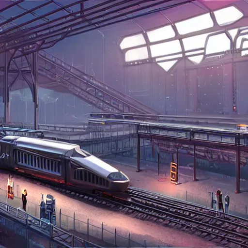 Image similar to Immense industrial futuristic train arrives at cyber punk city station, cinematic lighting, concept art