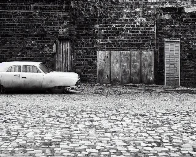 Image similar to beautiful minimalistic realistic photograph, abandoned cars park in a quiet alley by langdon clay, Peter Lippmann, VSCO film grain