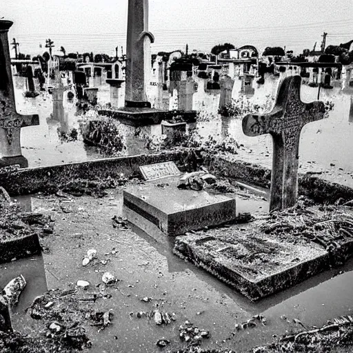 Image similar to The print shows a grave that has been flooded with water. The grave is located in a cemetery in Italy. The water in the grave is dirty and there is trash floating in it. The grave is surrounded by a fence. 1990s by Genndy Tartakovsky offhand, curvaceous