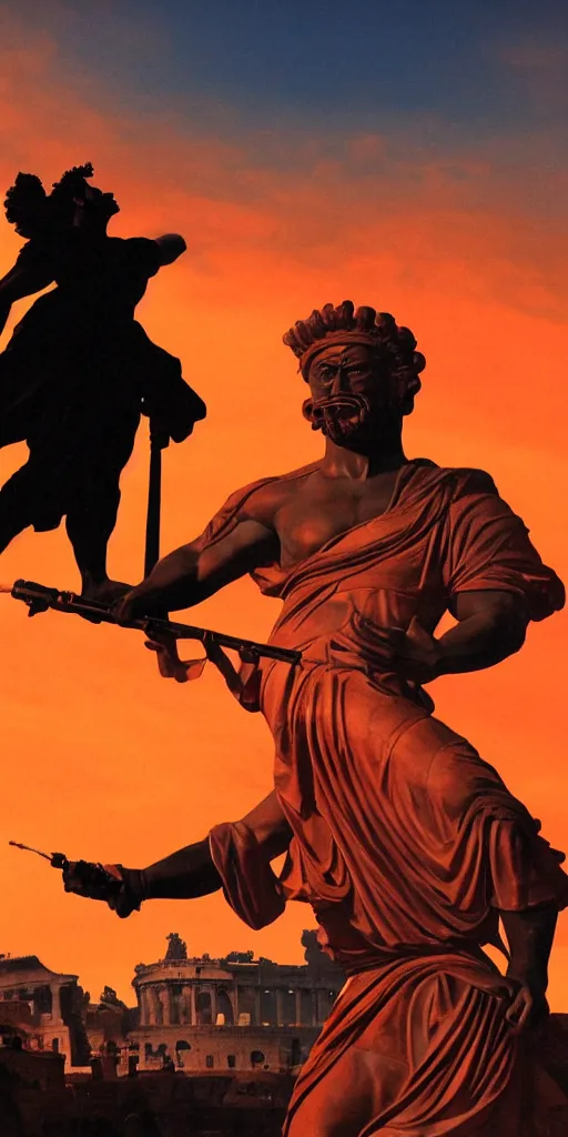 Prompt: black silhouette realistic painting of roman emperor playing the flute wearing popeye the sailor costume carving a larger than life statue of himself, hyper realistic, 8 k resolution, roman amphitheater and skyline of ancient rome is burning in the background, red skies, smoke billows over the horizon