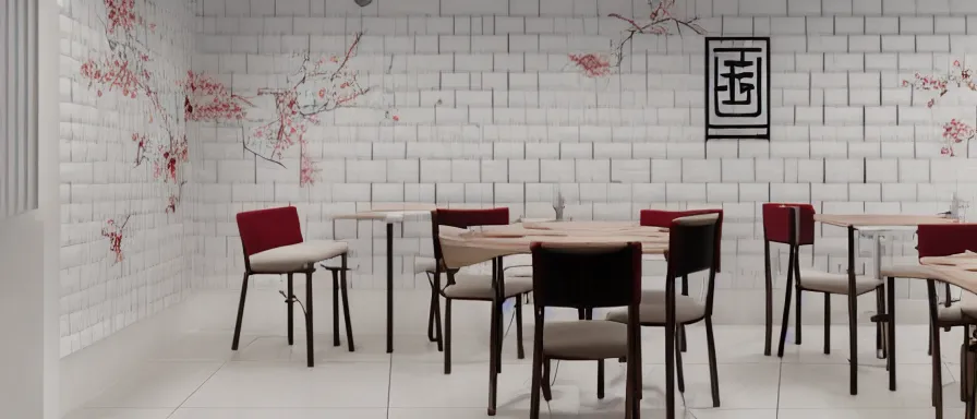 Image similar to a beautiful simple interior render of small roasted string hotpot restaurant restaurant yan'an, wall corner, from china, red paper wall and white tile floor, rectangle white porcelain table, black chair, fine simple delicate structure, chinese style, simple composition, simple style structure decoration design, victo ngai, 4 k hd