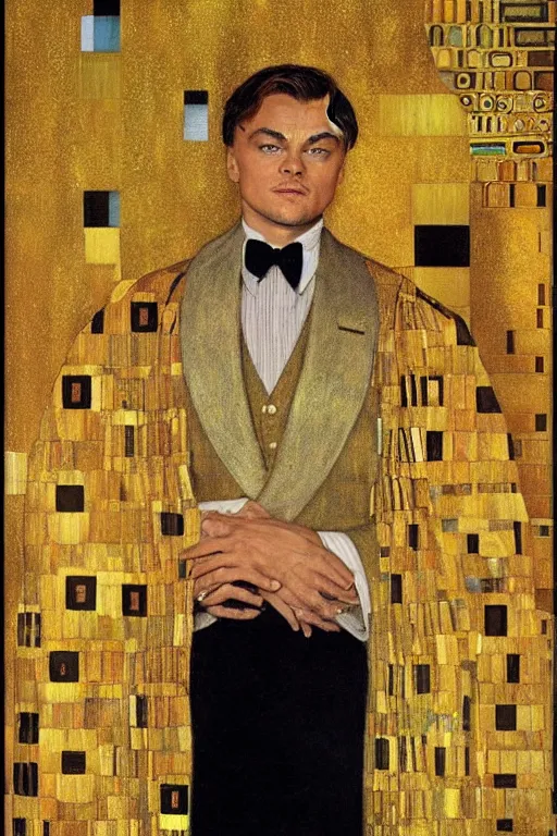 Image similar to ”Leonardo di Caprio as Gatsby”, Gustav Klimt (1901), oil and gold leaf