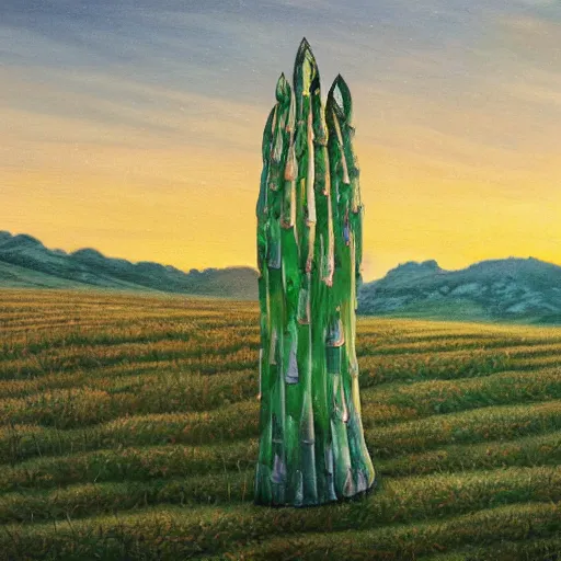 Image similar to concept art of dramatic landscape with giant asparagus at dusk