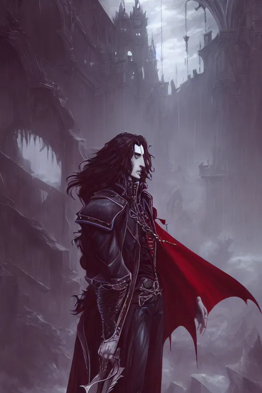 Image similar to alucard standing alone, castlevania, by stanley artgerm lau, wlop, rossdraws, james jean, andrei riabovitchev, marc simonetti, and sakimi chan, trending on artstation