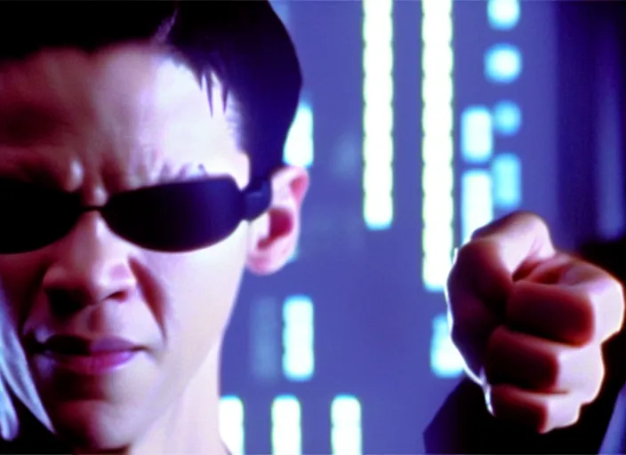 Image similar to Movie still of Neo in The Matrix movie doing a thumb up to the camera in front on burning servers.