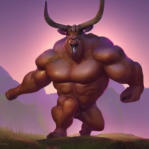 Image similar to upper body illustration of a minotaur, strong chest, big horns, mattepainting concept blizzard pixar maya engine on stylized background splash comics global illumination lighting artstation, sharp focus, lois van baarle, ilya kuvshinov, rossdraws