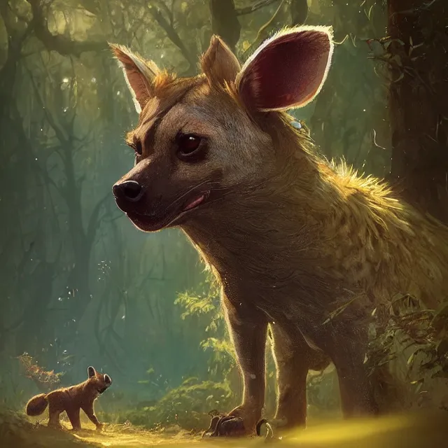 Image similar to a beautiful painting of a cute brown hyena in a forest. disney character design by cory loftis, fenghua zhong, ryohei hase, ismail inceoglu and ruan jia. artstation, volumetric light, detailed, photorealistic, rendered in octane