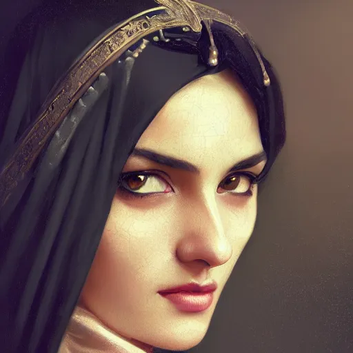 Image similar to a Photorealistic dramatic hyperrealistic render of an arab ameera al taweel, blue eyes, black hair, white veil,by WLOP,Artgerm,Greg Rutkowski,Alphonse Mucha, Beautiful dynamic dramatic dark moody lighting,shadows,cinematic atmosphere,Artstation,concept design art,Octane render,8K