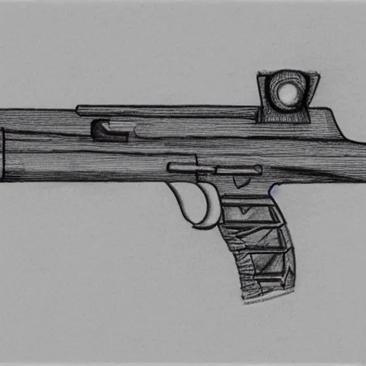 Image similar to plan of a gun that was never invented, pencil sketch, concept art