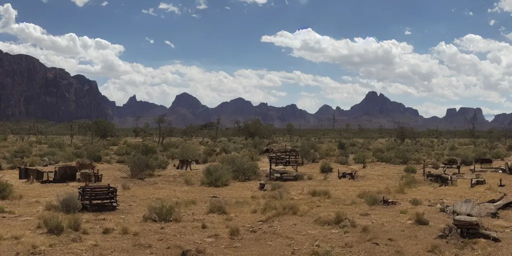 Image similar to a wild west scenery, camps in the background