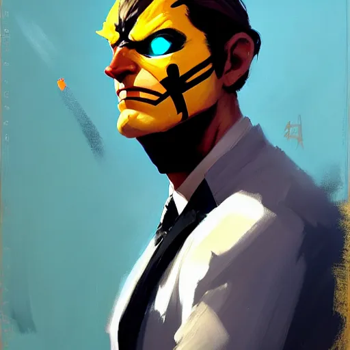 Image similar to Greg Manchess portrait painting of two face as Overwatch character, medium shot, asymmetrical, profile picture, Organic Painting, sunny day, Matte Painting, bold shapes, hard edges, street art, trending on artstation, by Huang Guangjian and Gil Elvgren and Sachin Teng