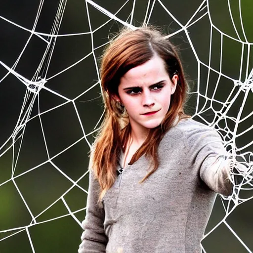 Image similar to upset emma watson hanging from and trapped in a giant spider web