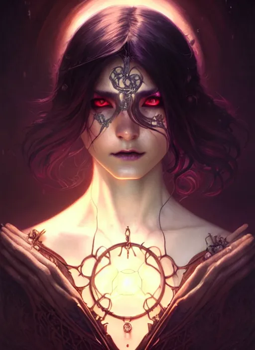 Image similar to Necromancer Sorceress, fantasy magic, undercut hairstyle, dark light night, intricate, elegant, sharp focus, illustration, highly detailed, digital painting, concept art, matte, art by WLOP and Artgerm and Greg Rutkowski and Alphonse Mucha, masterpiece