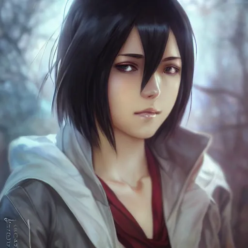 Image similar to mikasa ackerman, bokeh, beautiful face!!!!, 2 7 years old, cg animation, lifelike, animated, realistic, character select portrait, by artgerm, greg rutkowski, alphonse mucha, 3 d