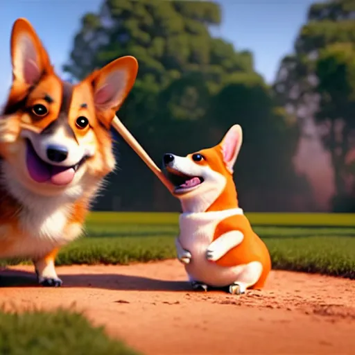 Prompt: weta disney pixar movie still photo of funny corgi with baseball bat : : corgi by pixar : : giant sign that says bonk : : by weta, greg rutkowski, wlop, ilya kuvshinov, rossdraws, artgerm, octane render, iridescent, bright morning, anime, liosh, mucha : :