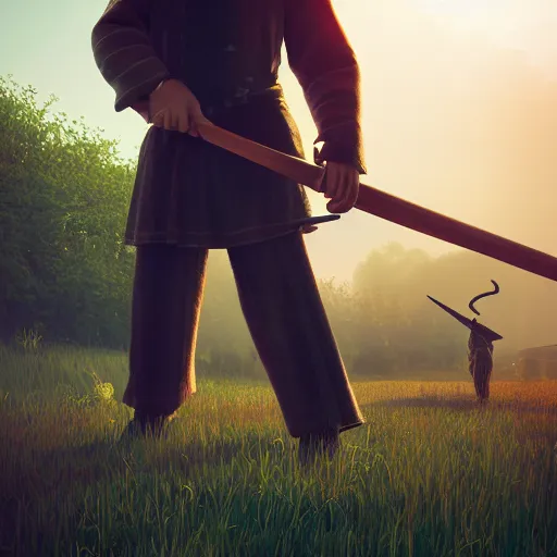 Image similar to full body, concept art, man with scythe, mowing of the hay, traditional hungarian clothing, dramatic lighting, beautiful, volumetric lighting, colorful, octane render