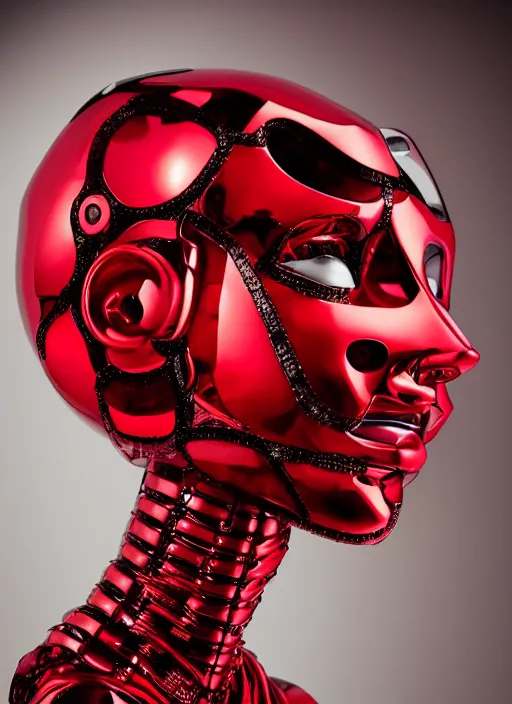 Image similar to a fashion portrait photograph of a robot head art directed by Alexander McQueen, red color palette, 35mm, pentax, studio lighting