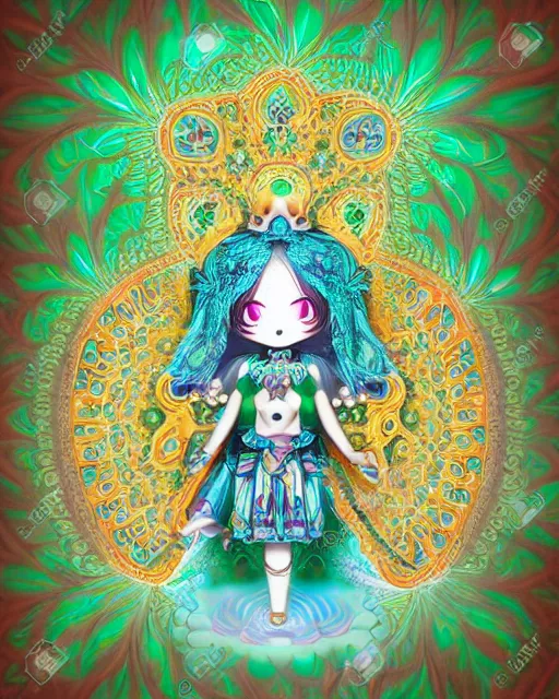 Image similar to fractal mandala funny nendroid nendroid girl very funny joy emoji psy trip ghost color an ancient white bone and emerald gemstone relic, intricate engraving concept art style