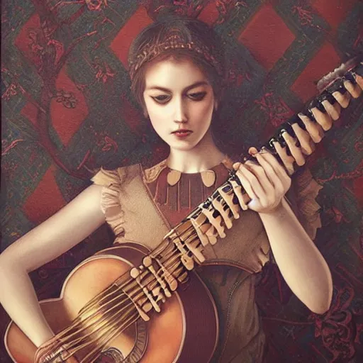 Image similar to ultra realist soft painting of folk musicians playing instruments, symmetry accurate features, very intricate details, focus, artstyle Hiraku Tanaka and Tom Bagshaw, award winning